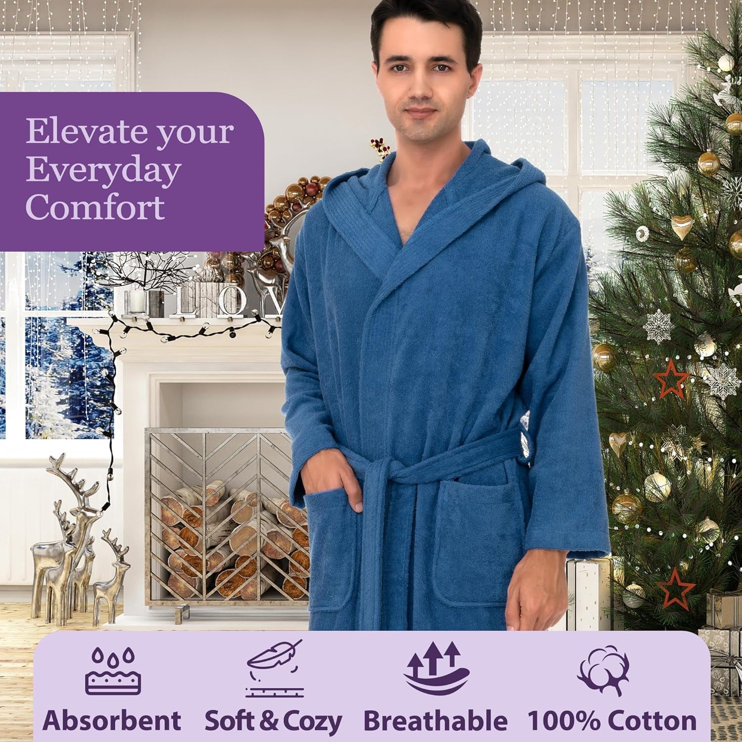 Mens Hooded Robe Cotton Terry Cloth Towel Bathrobe Soft Shower Bath Robes for Men XS to 4X