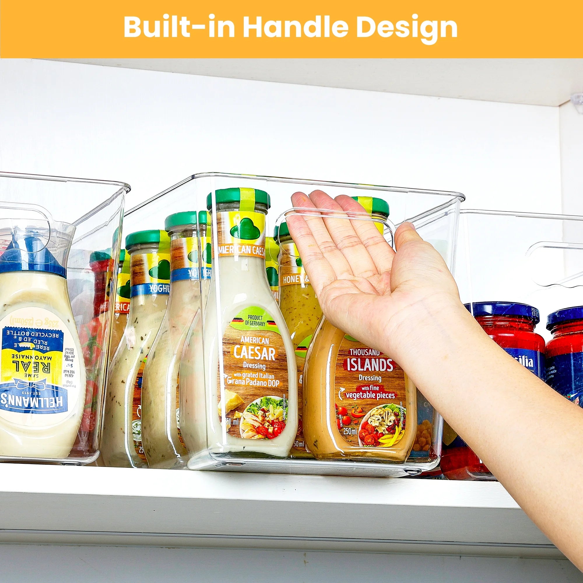 4 Pack Clear Plastic Storage Bins with Handles,  Pantry Organizer Bins, for Refrigerator, Freezer, Cabinet, Kitchen, Countertops, X-Large