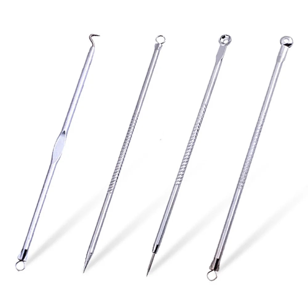 Ice Stick for Face 4 Pcs Pimple Blemish Comedone Acne Extractor Remover Tool Set Brush Face Beauty Tools Skin Care Tools Silver