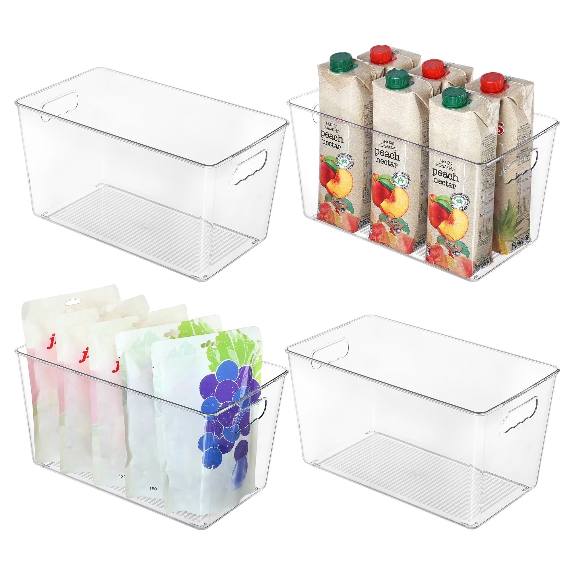 4 Pack Clear Plastic Storage Bins with Handles,  Pantry Organizer Bins, for Refrigerator, Freezer, Cabinet, Kitchen, Countertops, X-Large