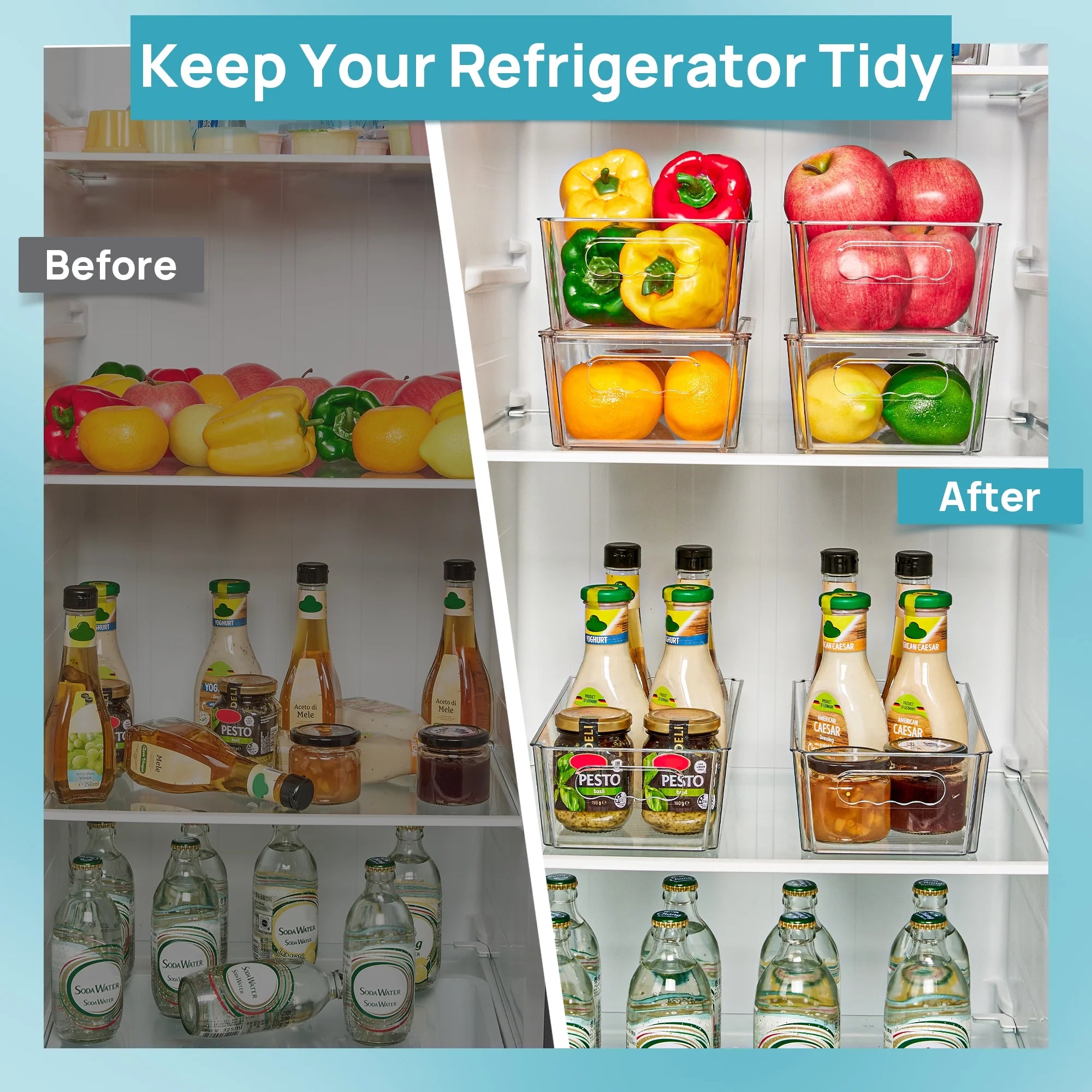 6Pcs Clear Organizers Bins with Lids, Stackable Plastic Storage Containers with Handles