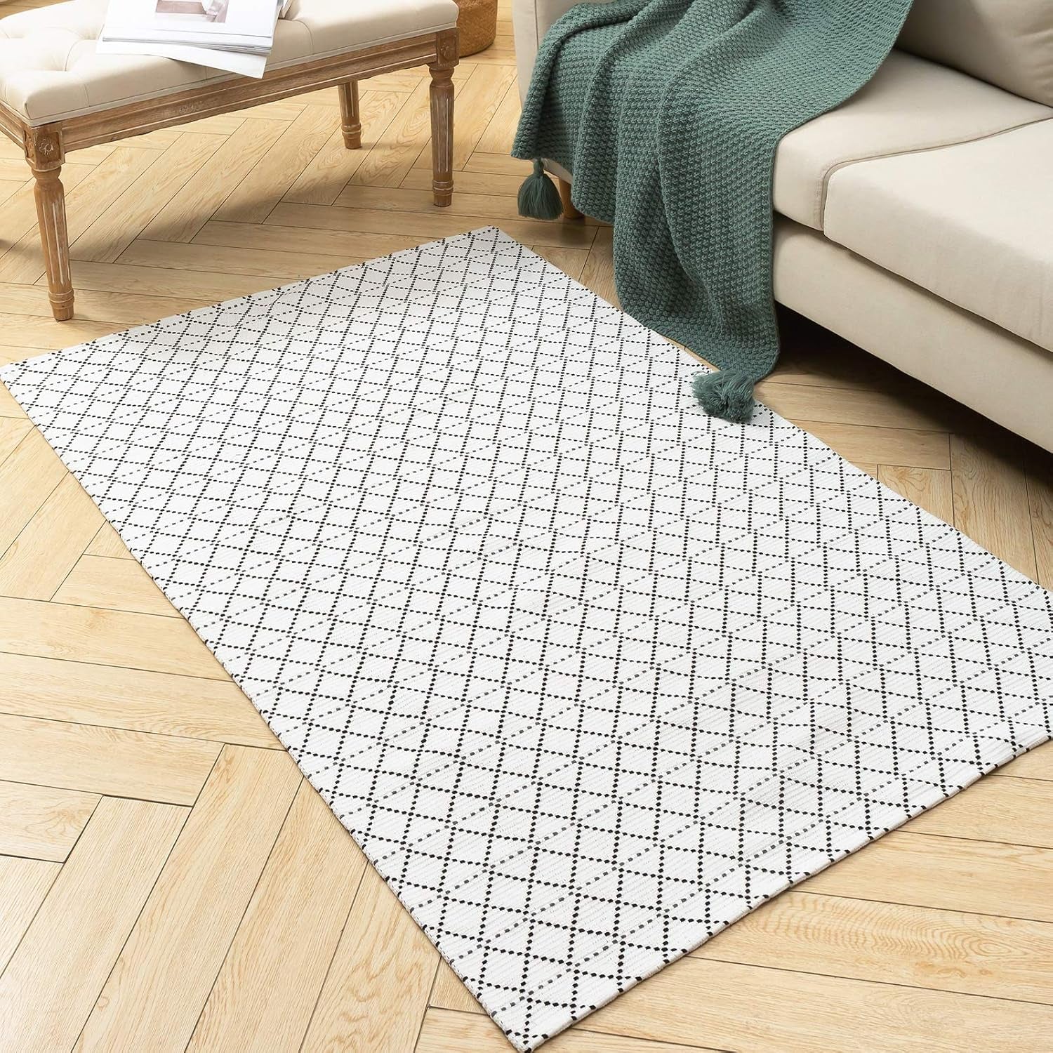 Boho Bathroom Rug, Boho Rug Kitchen Runner Washable Bath Rug, Woven Small Cotton Bohemian Tribal Farmhouse Tassel Moroccan Boho Bath Mat for Bedroom Hallway 4'X6'