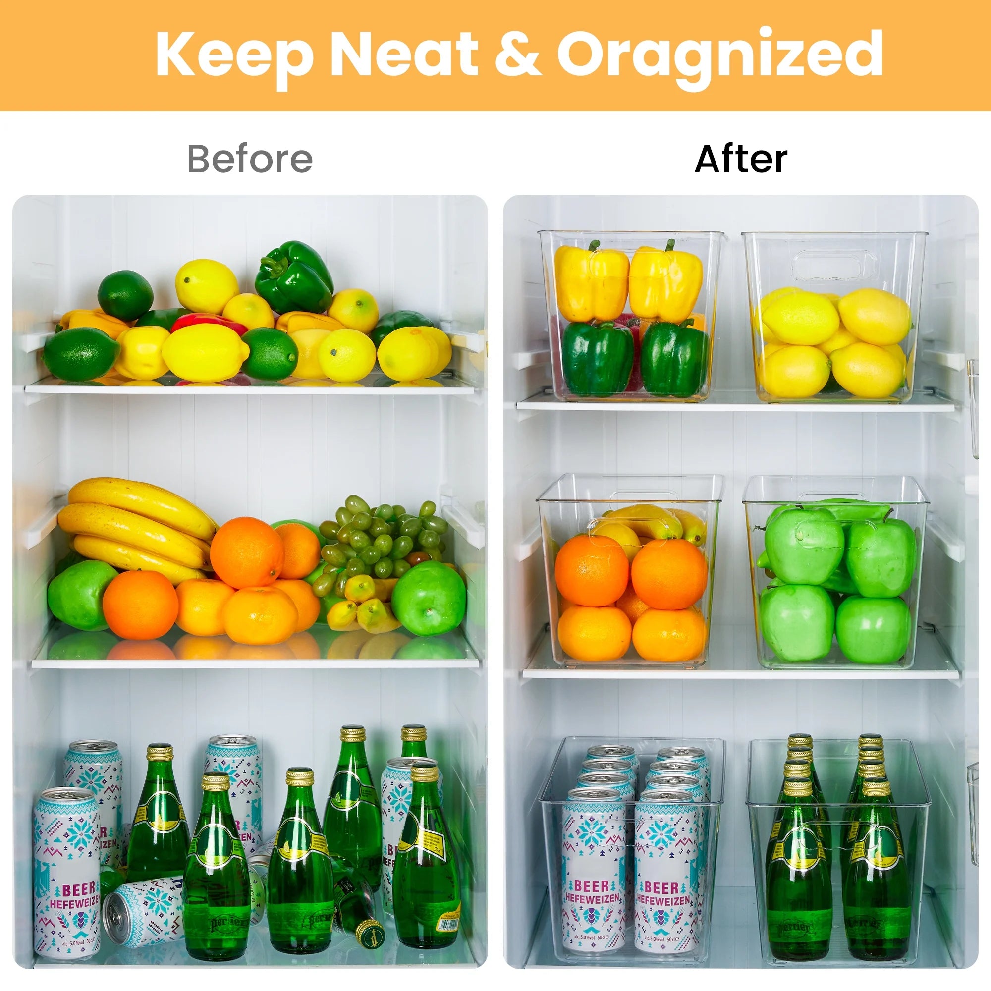 4 Pack Clear Plastic Storage Bins with Handles,  Pantry Organizer Bins, for Refrigerator, Freezer, Cabinet, Kitchen, Countertops, X-Large