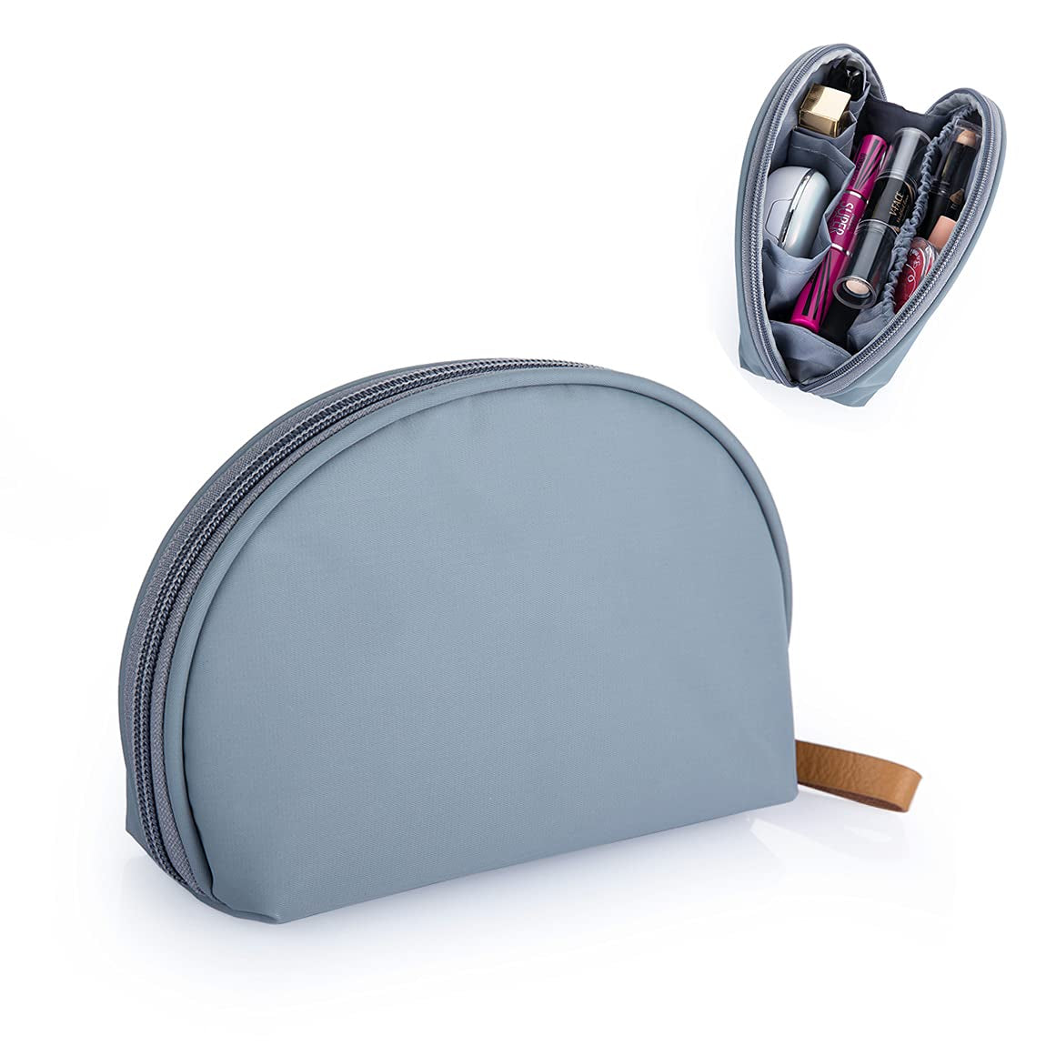 Half Moon Cosmetic Beauty Bag for Purse Travel Handy Makeup Pouch for Women Girls (Grey-Blue)