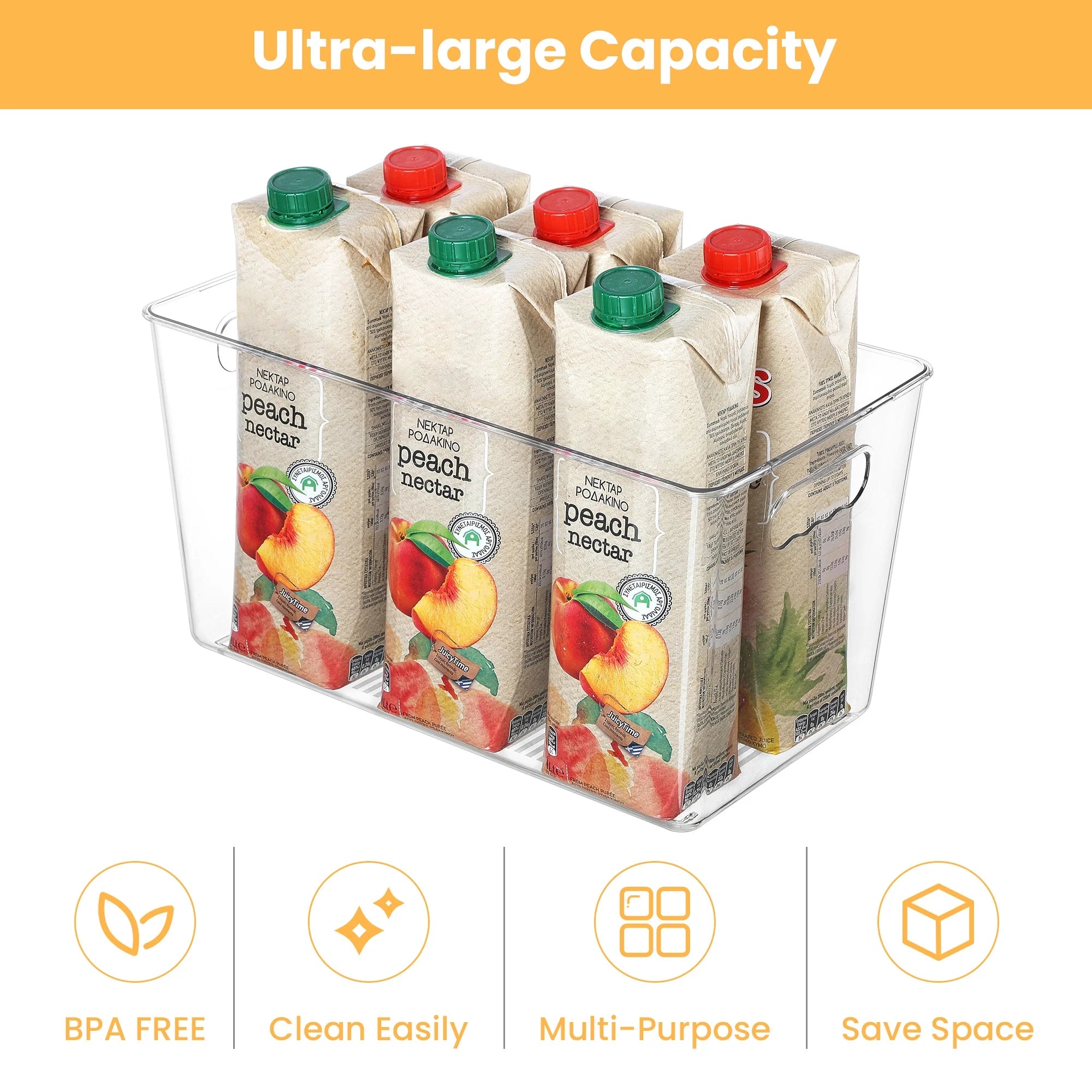 4 Pack Clear Plastic Storage Bins with Handles,  Pantry Organizer Bins, for Refrigerator, Freezer, Cabinet, Kitchen, Countertops, X-Large
