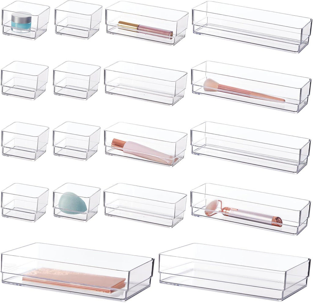 Simplesort 18-Piece Stackable Clear Drawer Organizer Set | Multi-Size Trays | Makeup Vanity Storage Bins and Office Desk Drawer Dividers | Made in USA