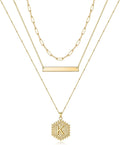 Gold Layered Initial Necklaces for Women, 14K Gold Plated Bar Necklace Handmade Layering Hexagon Letter Pendant Beads Chain Necklace Layered Necklaces for Women Gold Jewelry Gifts