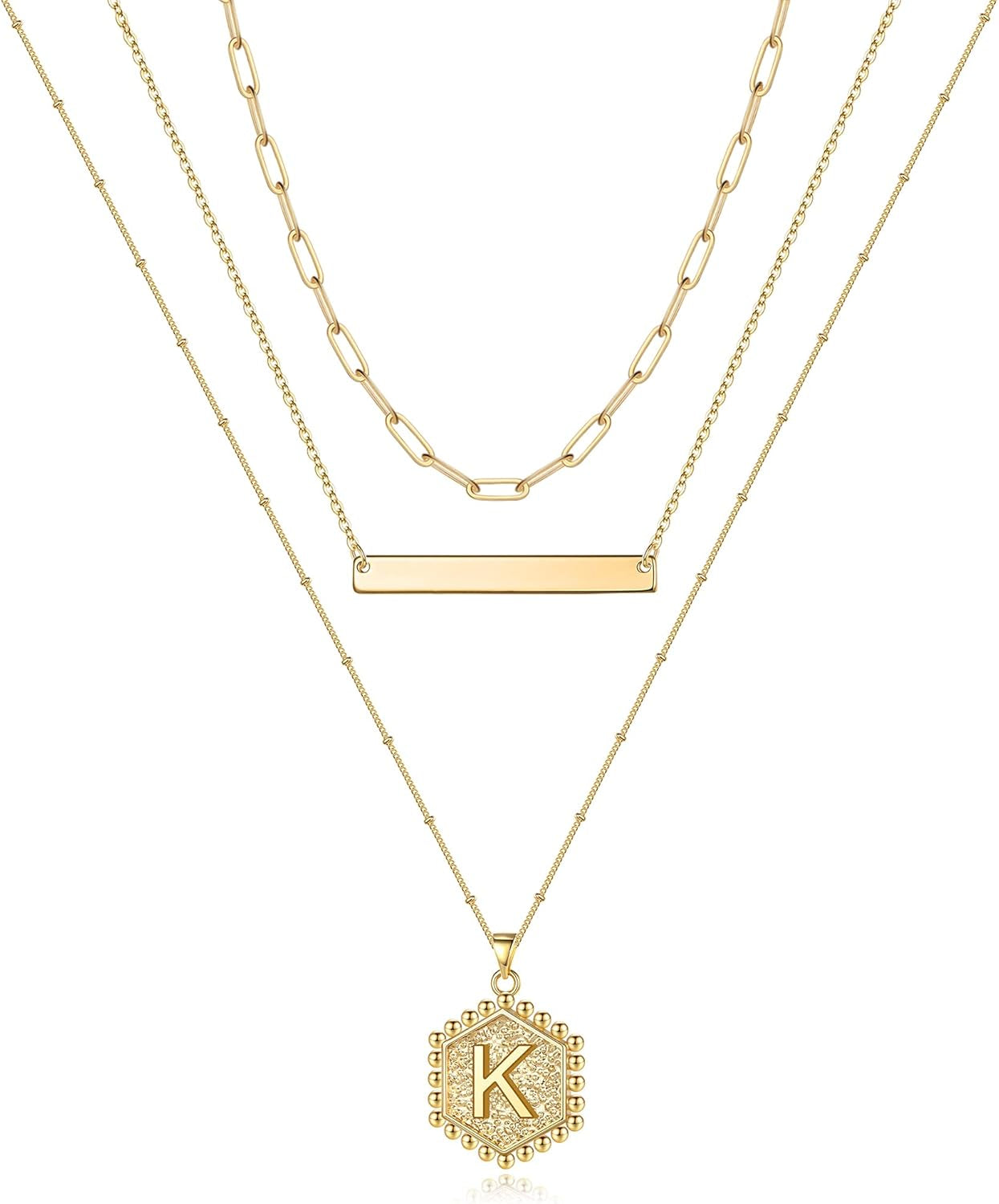 Gold Layered Initial Necklaces for Women, 14K Gold Plated Bar Necklace Handmade Layering Hexagon Letter Pendant Beads Chain Necklace Layered Necklaces for Women Gold Jewelry Gifts