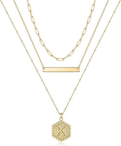Gold Layered Initial Necklaces for Women, 14K Gold Plated Bar Necklace Handmade Layering Hexagon Letter Pendant Beads Chain Necklace Layered Necklaces for Women Gold Jewelry Gifts