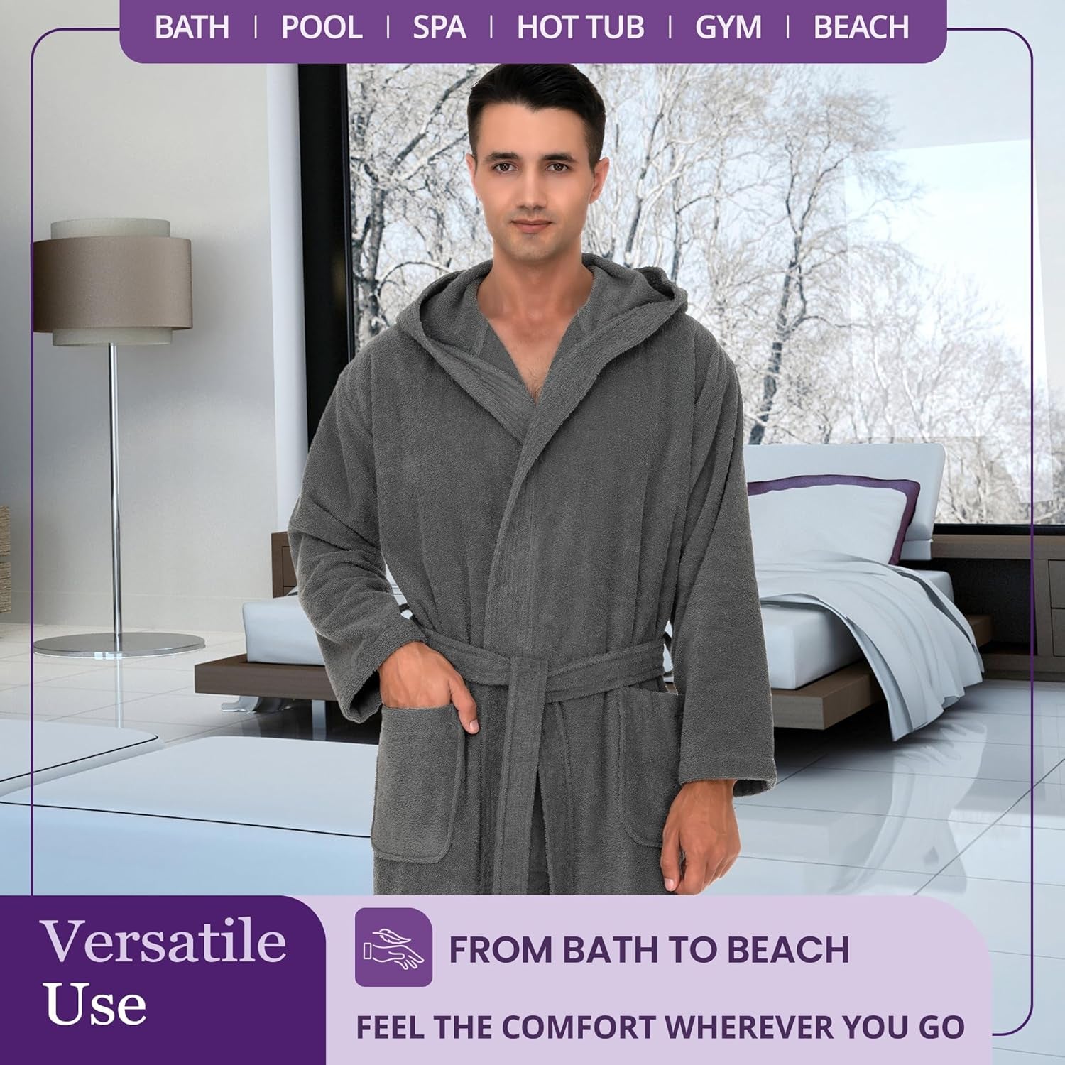 Mens Hooded Robe Cotton Terry Cloth Towel Bathrobe Soft Shower Bath Robes for Men XS to 4X