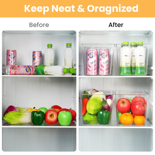 4 Pack Clear Plastic Storage Bins with Handles,  Pantry Organizer Bins, for Refrigerator, Freezer, Cabinet, Kitchen, Countertops, X-Large