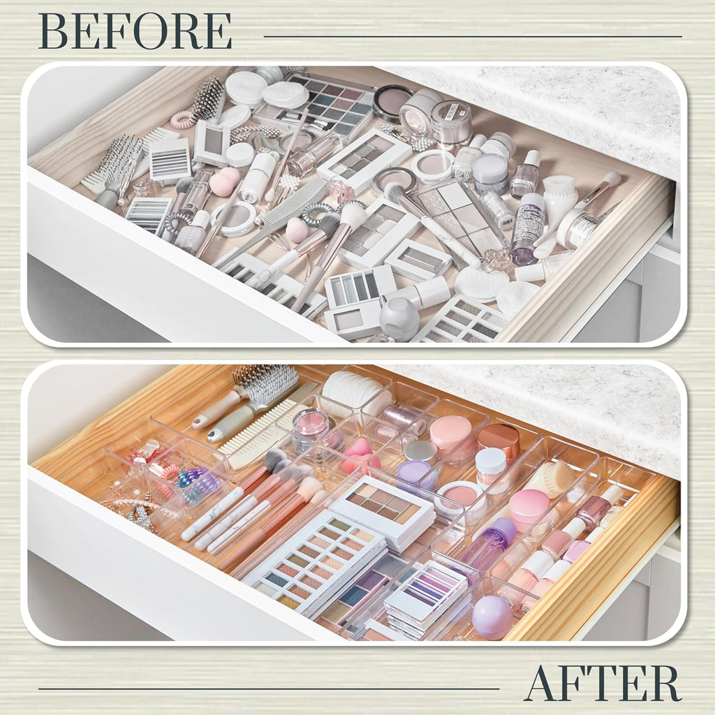Simplesort 18-Piece Stackable Clear Drawer Organizer Set | Multi-Size Trays | Makeup Vanity Storage Bins and Office Desk Drawer Dividers | Made in USA